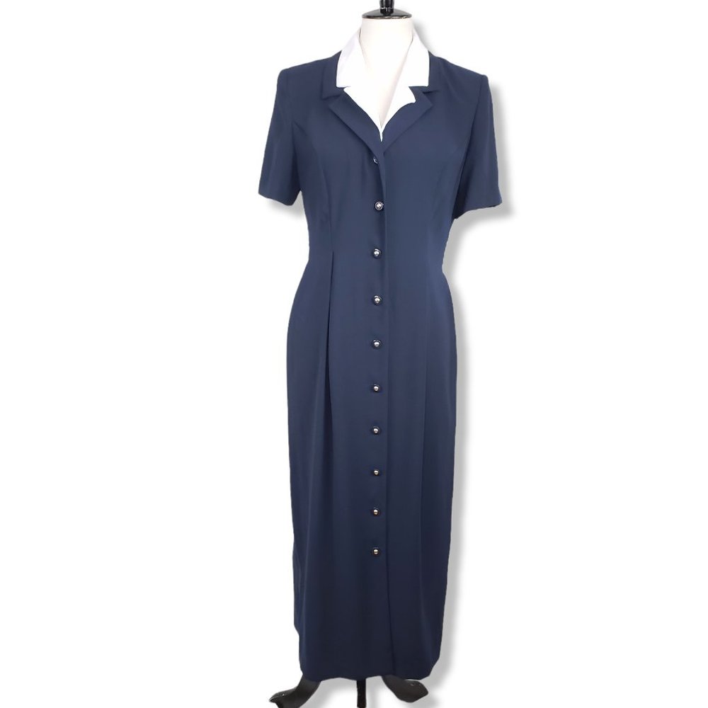 Vintage 80's Miss Dorby Navy Blue Button-up Midi Secretary Dress Size 8